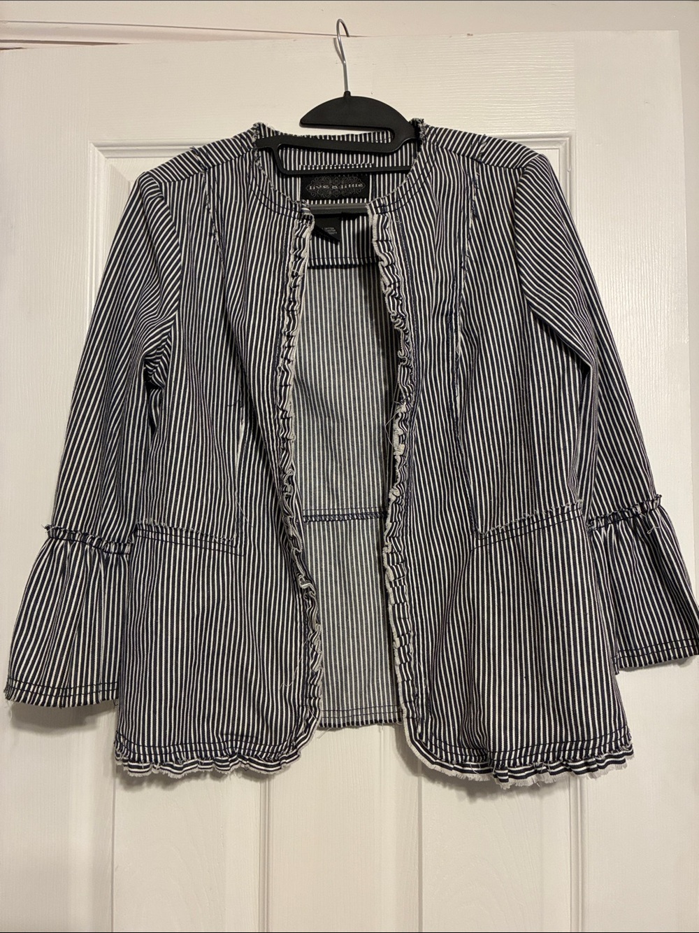 Live a Little Navy & White Striped Ruffle-Trim Blazer